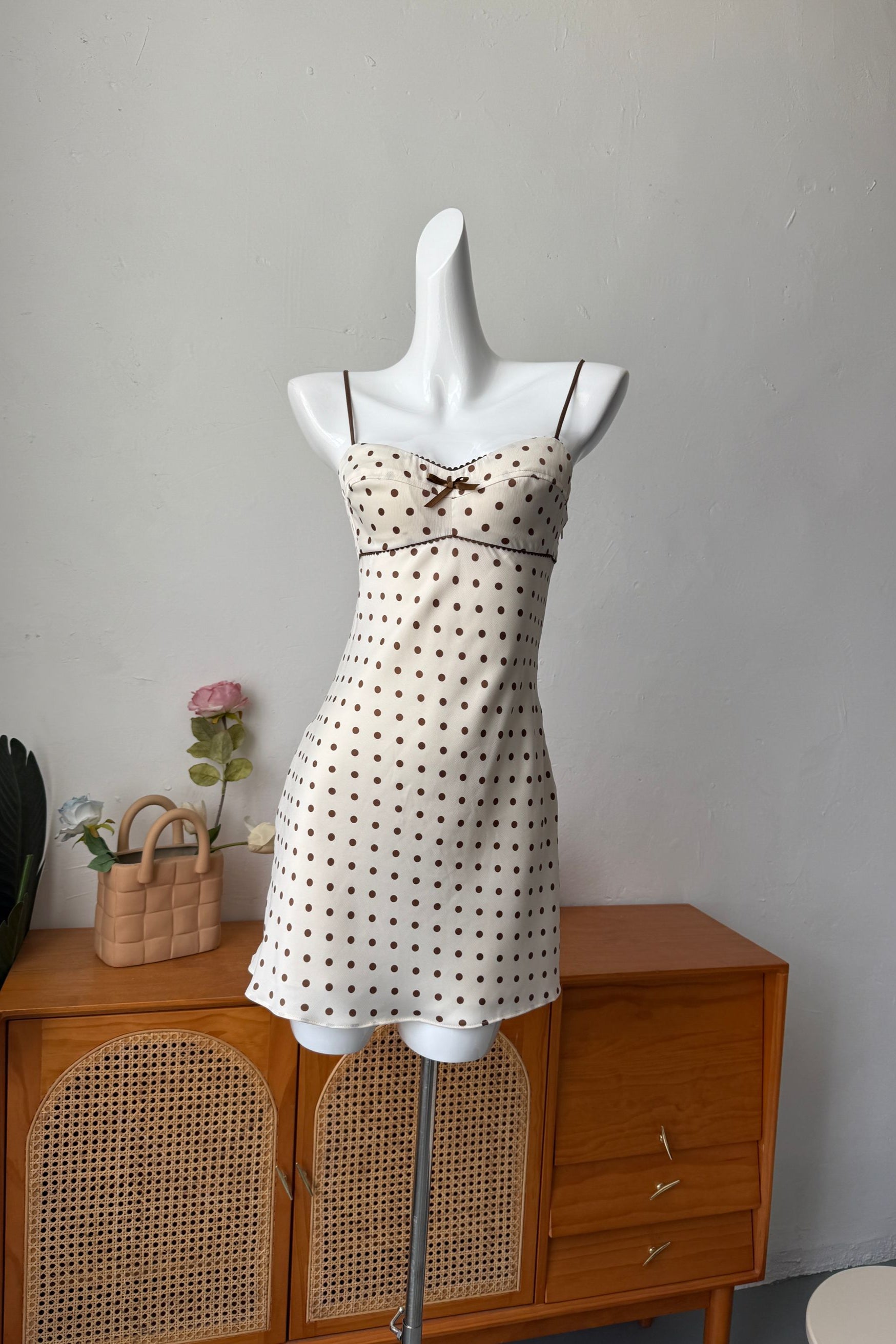 Satin Polka Dot Mini Dress in beige