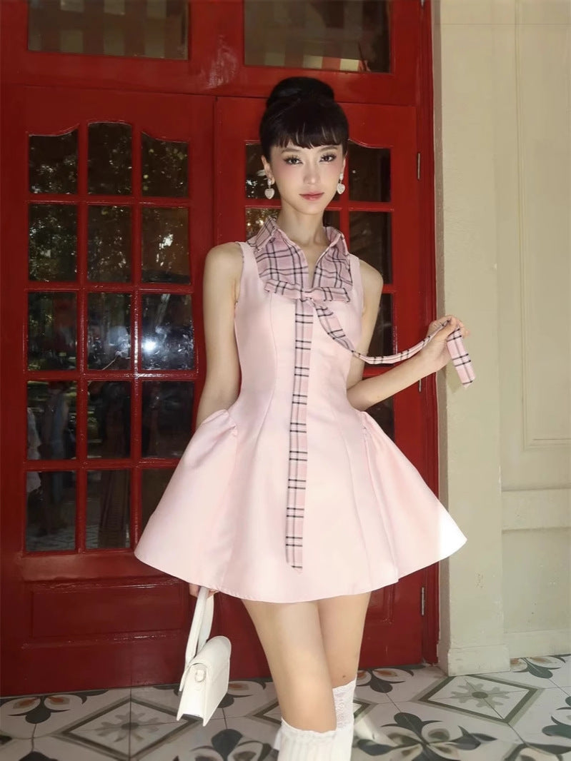 Checked Shirt Collar Sleeveless Puffy mini Dress in pink