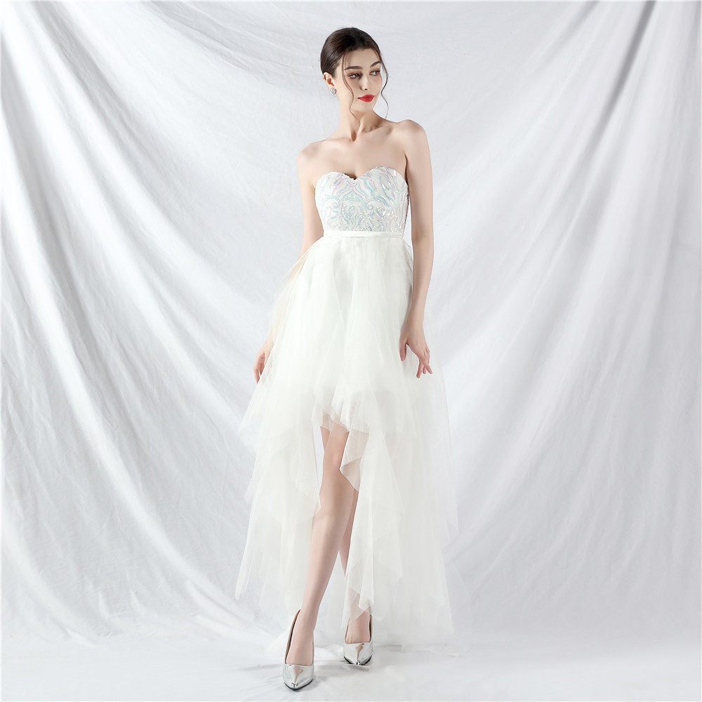 strapless sequin tulle midi dress