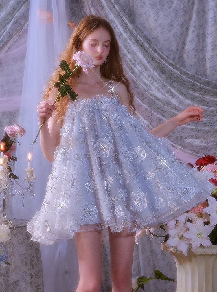 Tutu Light Blue Sleeveless Flower Diamond Short Doll Dress