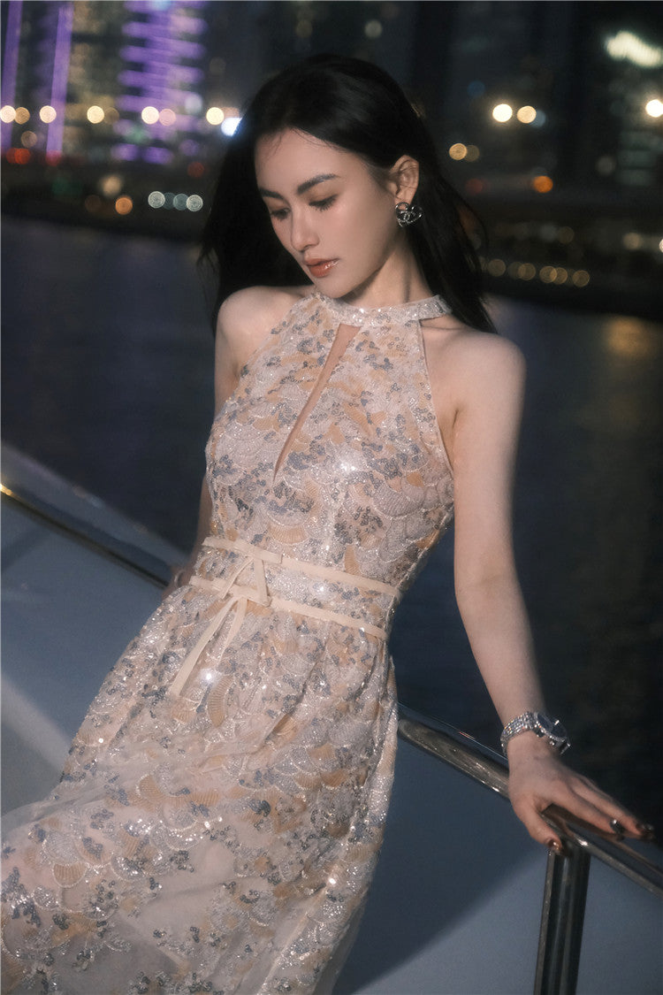 Gold Couture with Floral Embroidery Sequin Banquet Dress