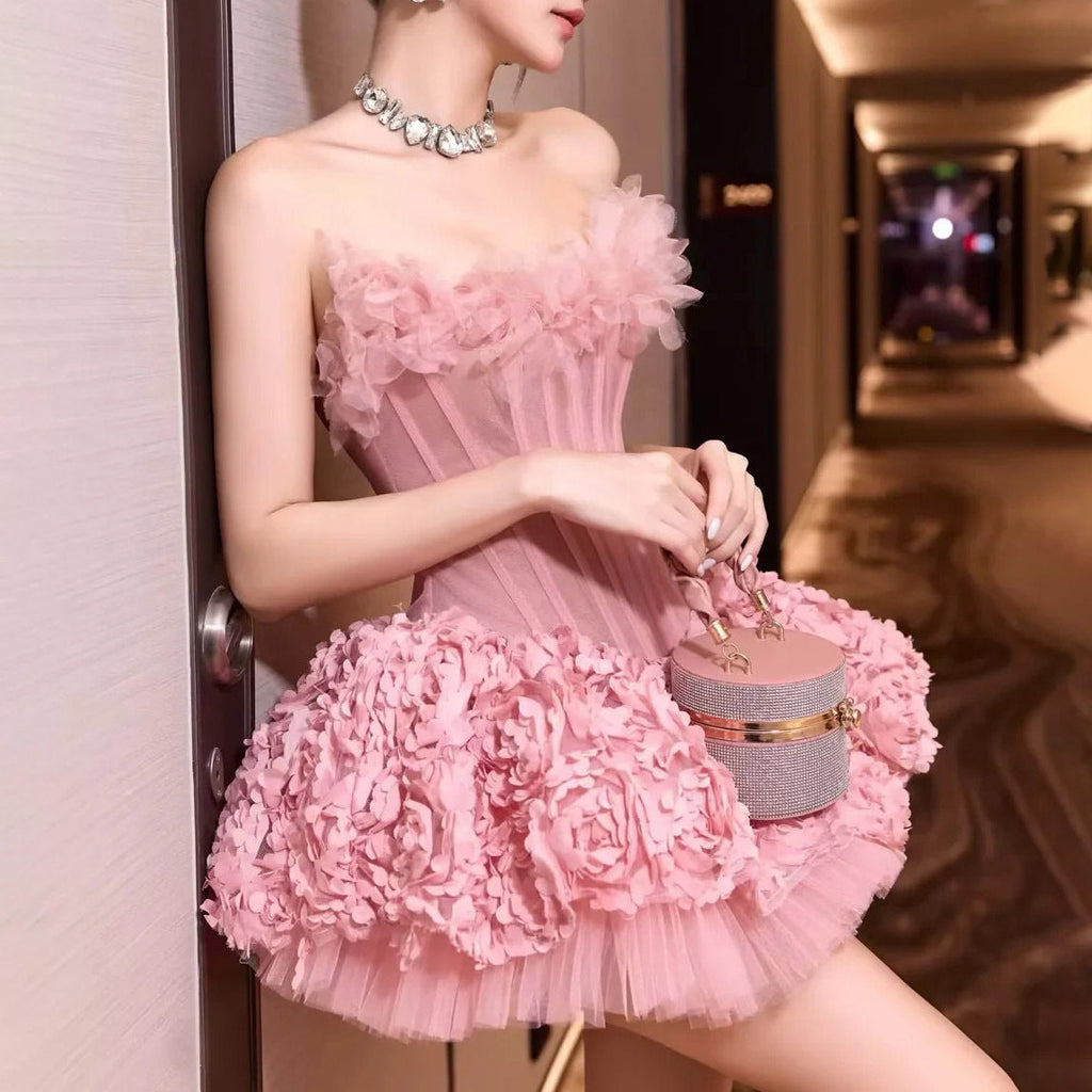 alberta 3d Flower Strapless Mini Dress in pink