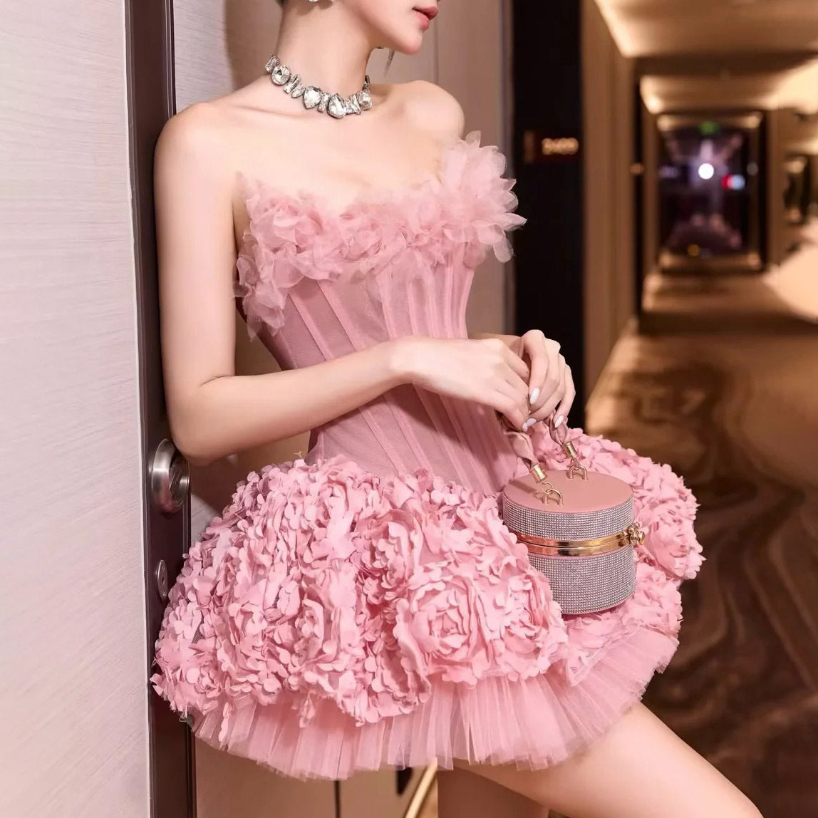 alberta 3d Flower Strapless Mini Dress in pink
