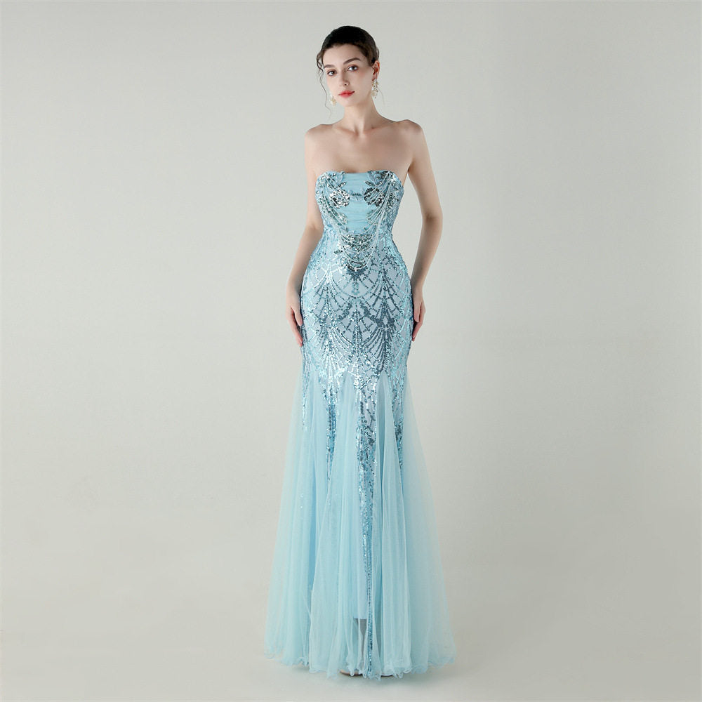 sequin strapless tulle maxi dress