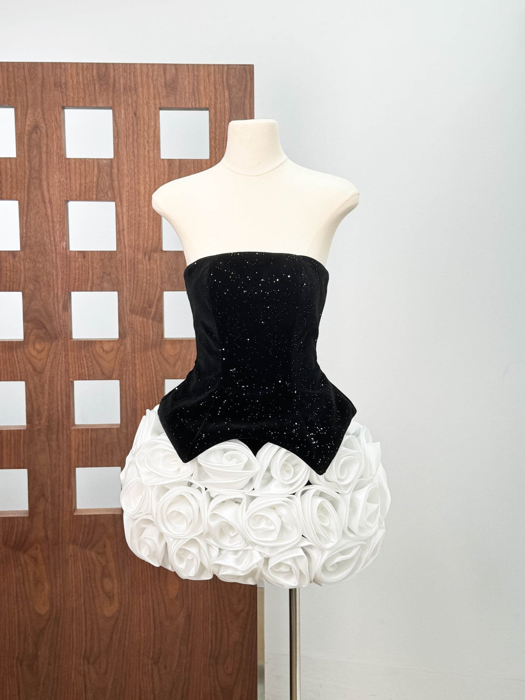 doris 3d flower Sequin Strapless Mini Dress in black