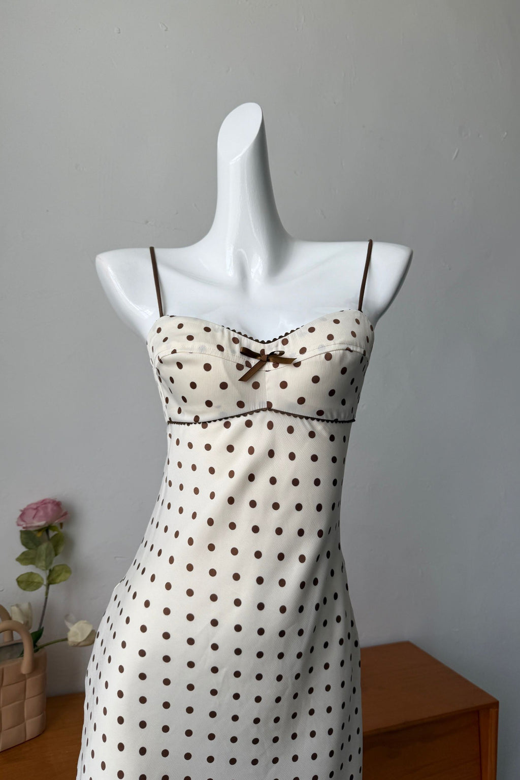 Satin Polka Dot Mini Dress in beige
