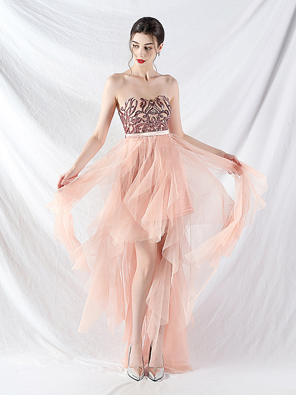 strapless sequin tulle midi dress