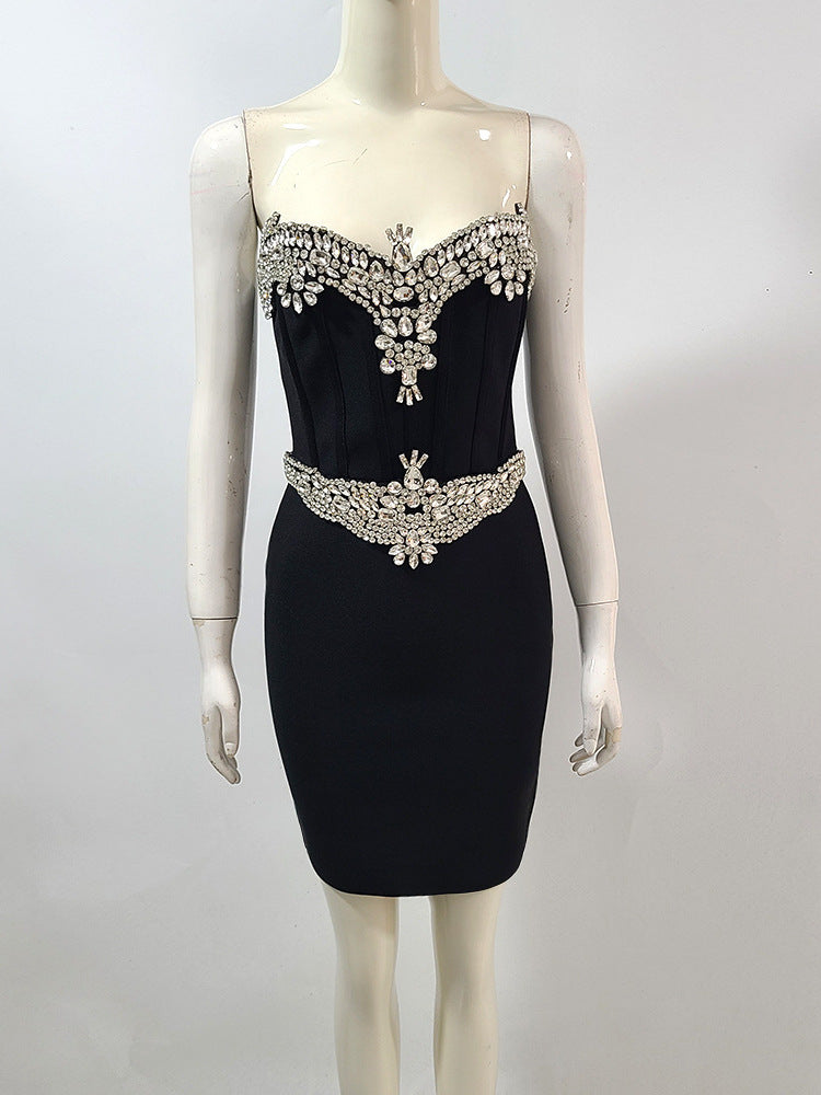 rita Rhinestone Bodycon strapless Bandage mini dress in black