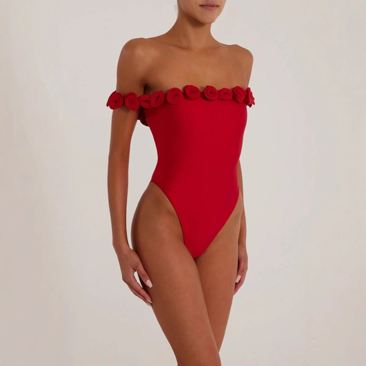 3d flower strapless bodysuit in red