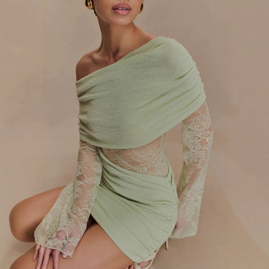 Matcha lace strapless spliced knitted mini dress