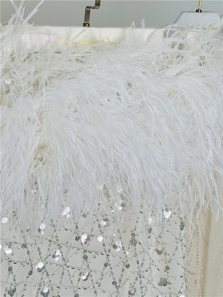 Masa White Haute Couture Feather Sequin Dress