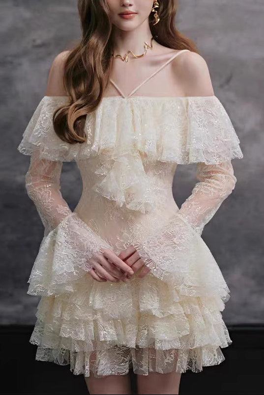 Elisha Off Shoulder Lace Ruffle Mini Dress