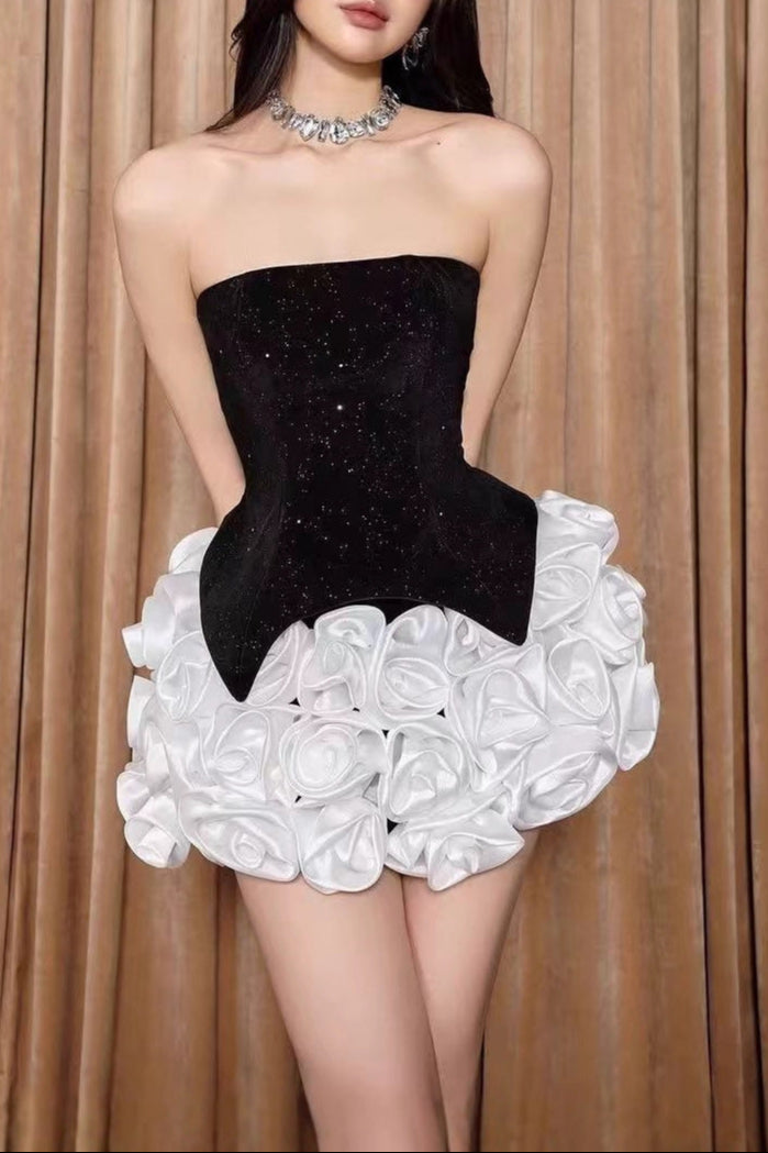 doris 3d flower Sequin Strapless Mini Dress in black