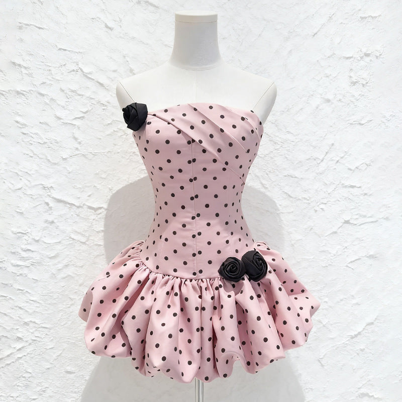 Polka Dot Strapless flower Corset Puff Mini Dress In Pink