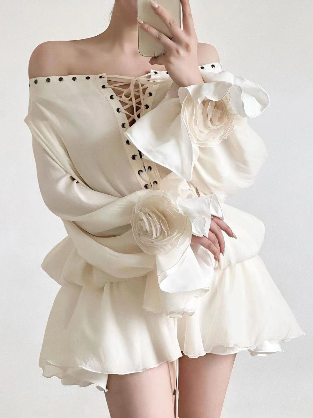 off-shoulder flared sleeve mini shirt dress in white