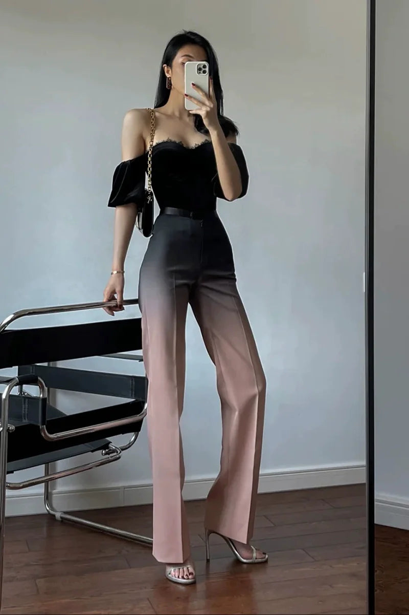 velvet tube top high waist trousers suit