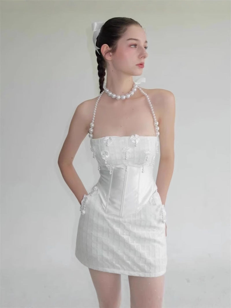 pearl fishbone wrap top skirt set in white