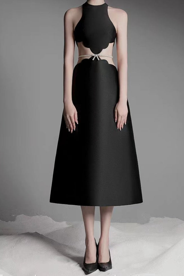 anila pearl chain embellished midi dress in black