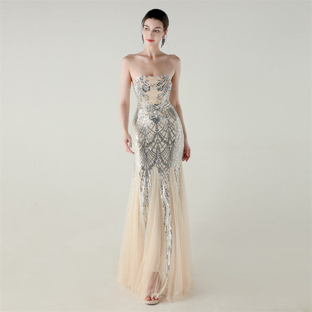 sequin strapless tulle maxi dress