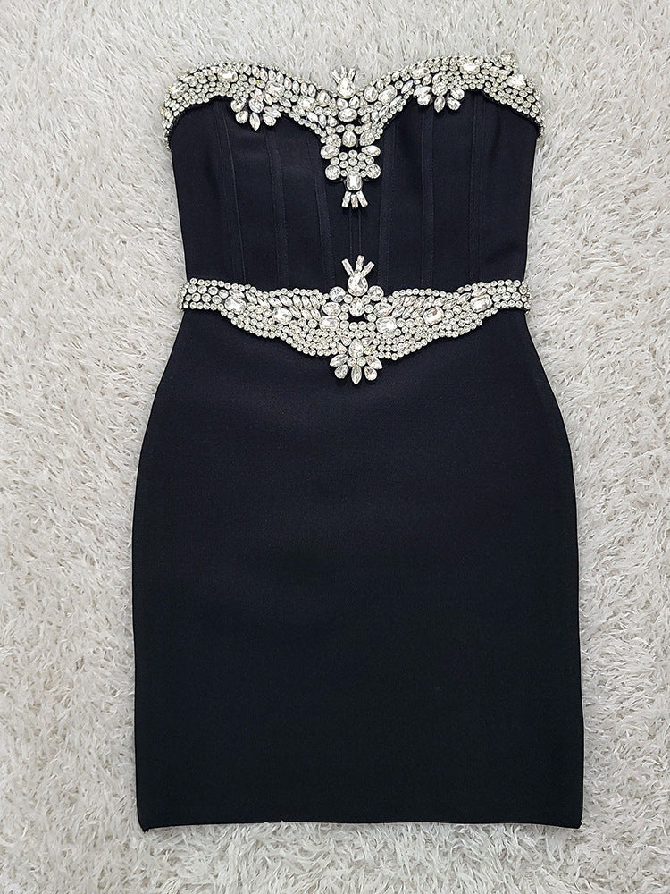 rita Rhinestone Bodycon strapless Bandage mini dress in black