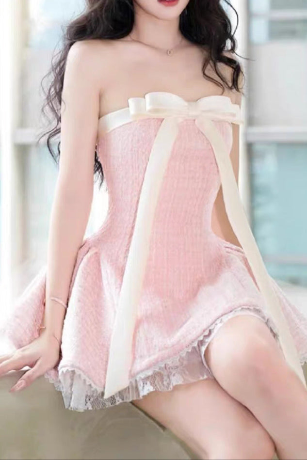 Bow woven lace tube top mini dress in pink