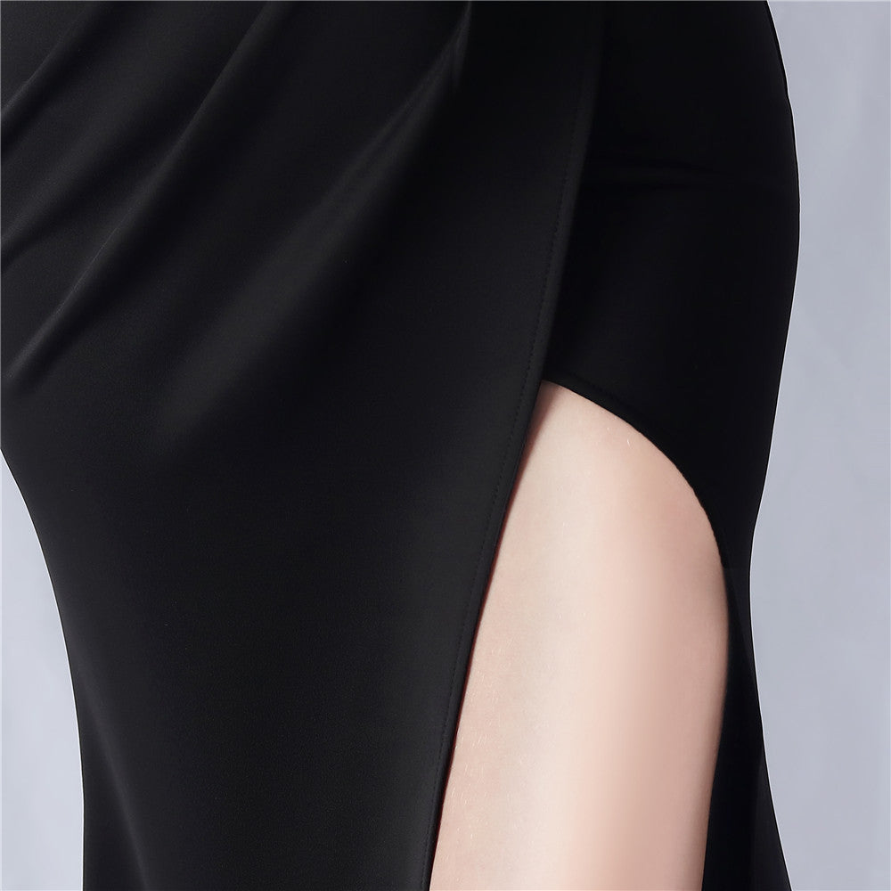 BLACK ONE SHOULDER FLOWER CUT OUT SLIT MAXI DRESS