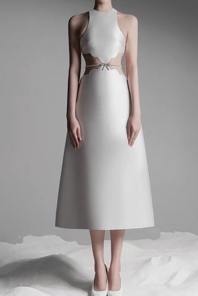 anila pearl chain embellished midi dress in apricot