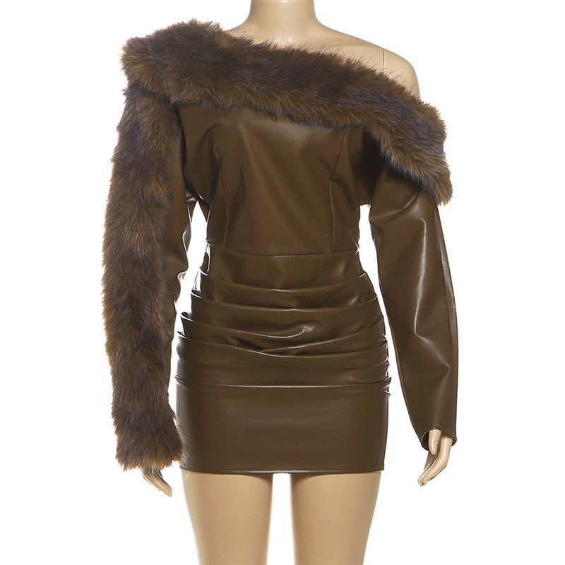 sibyl Leather fur collar asymmetrical mini dress in brown