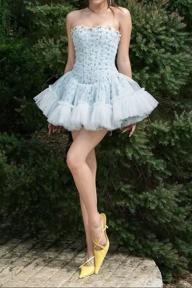 irene floral print strapless tulle mini dress in blue