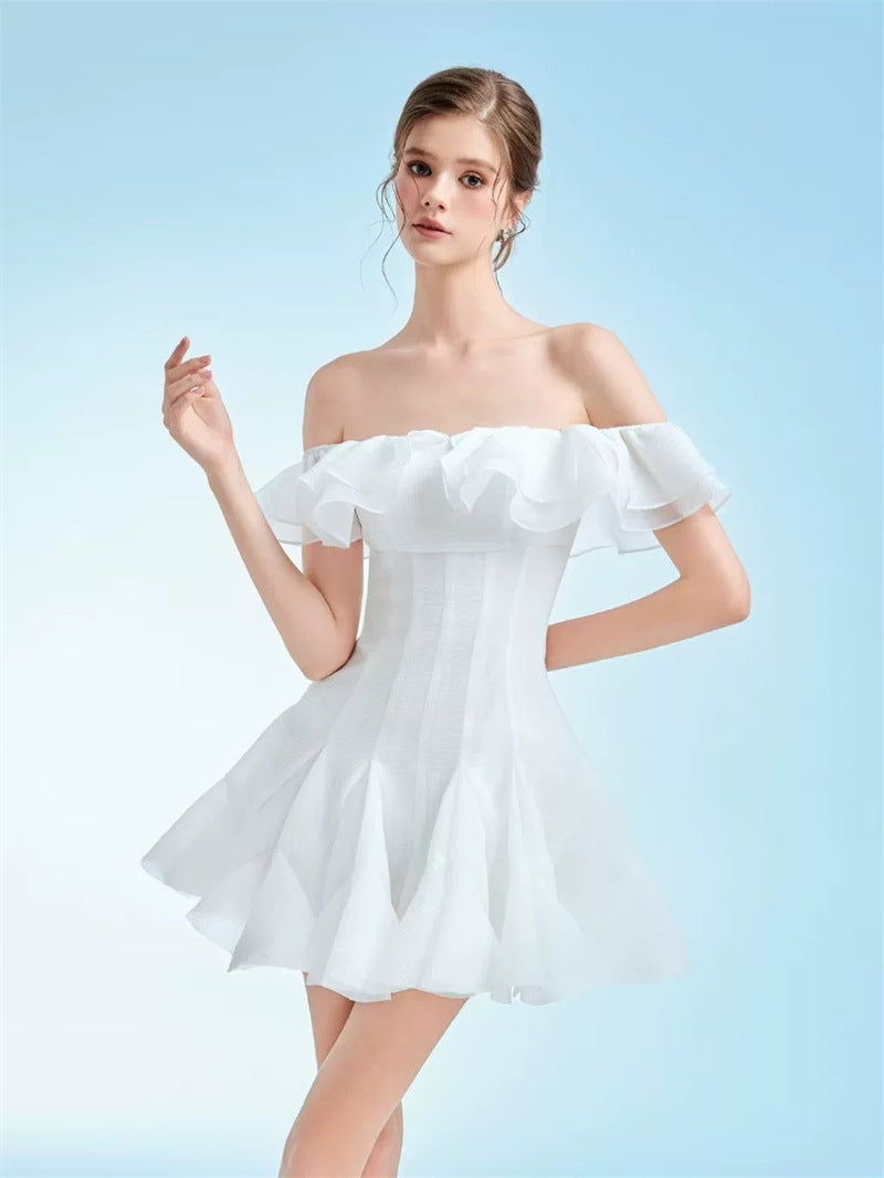 stephanie off-shoulder ruffle trim mini dress in white