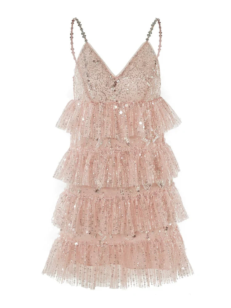 Pink Sleeveless Sequin layer ruffle short Dinner Dress