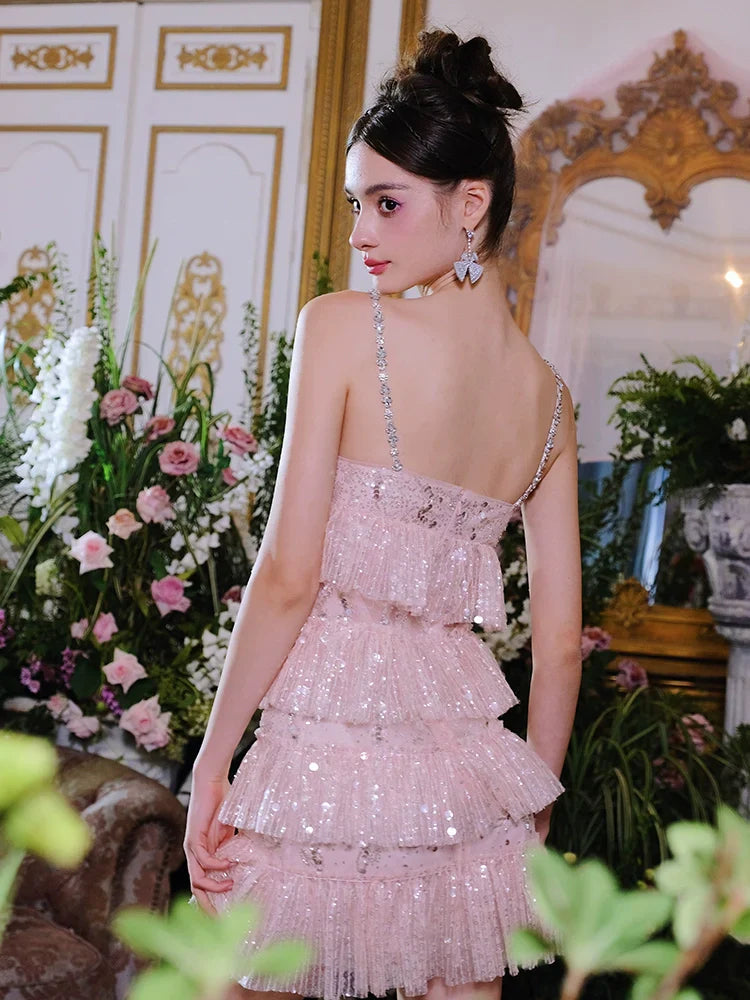 Pink Sleeveless Sequin layer ruffle short Dinner Dress