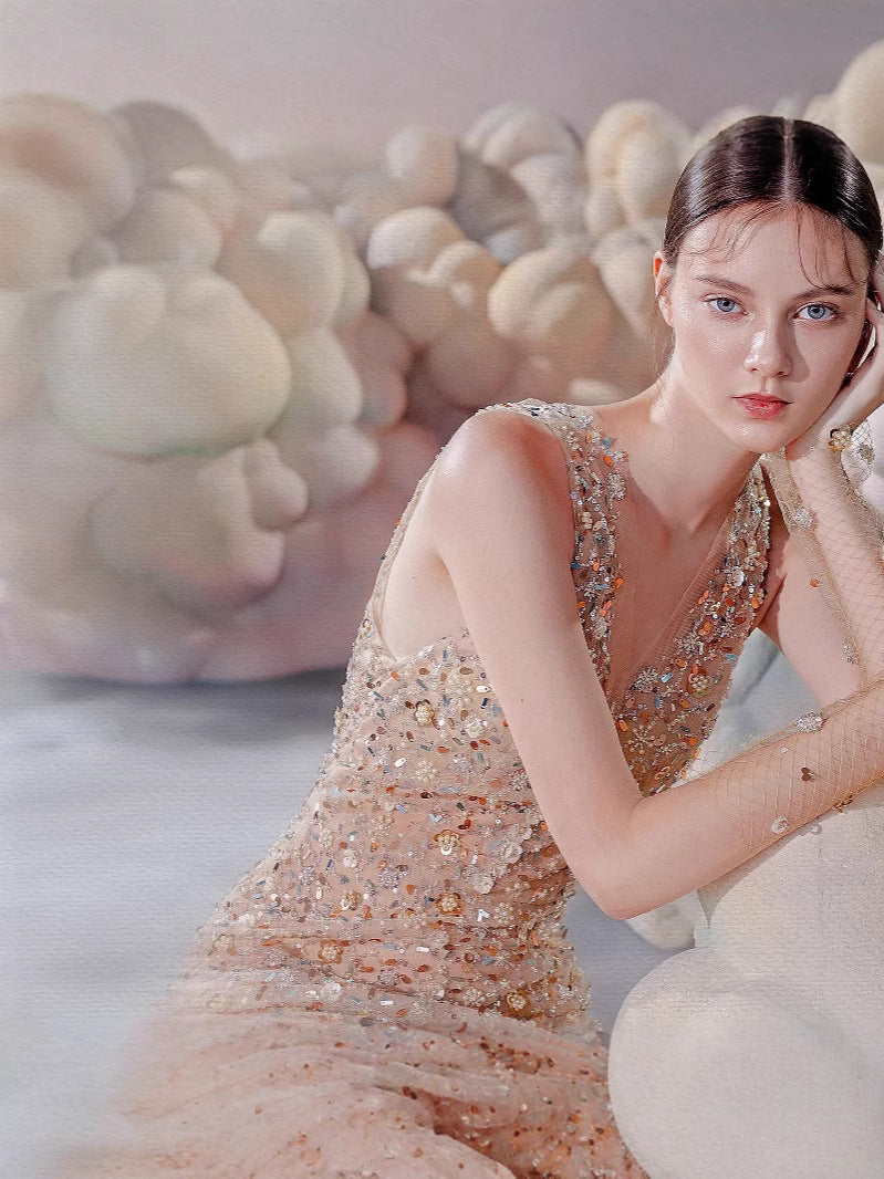 sleeveless flower Embroidery midi dress in beige