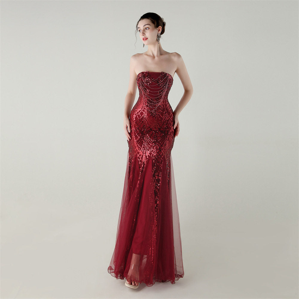 sequin strapless tulle maxi dress