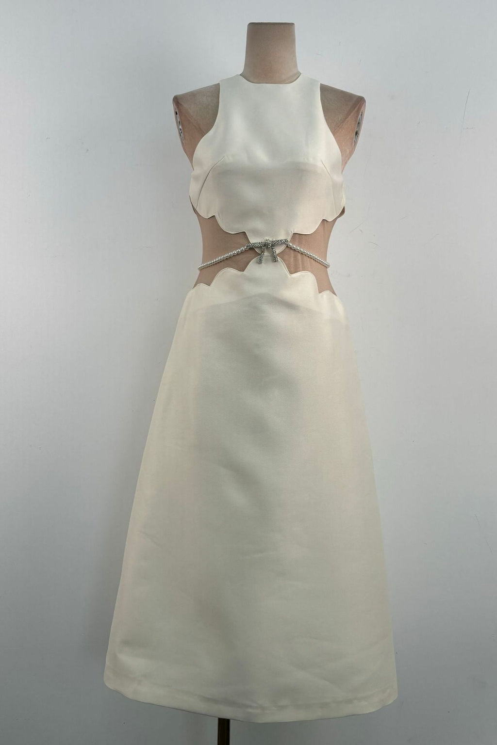 anila pearl chain embellished midi dress in apricot