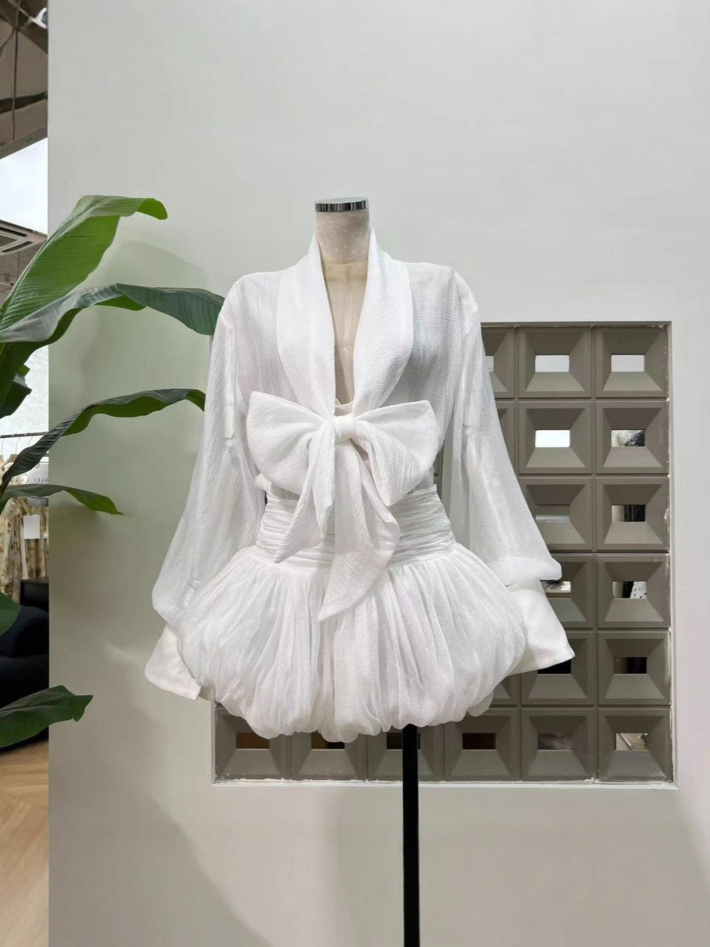 viola white tie-neck bow mini shirt dress