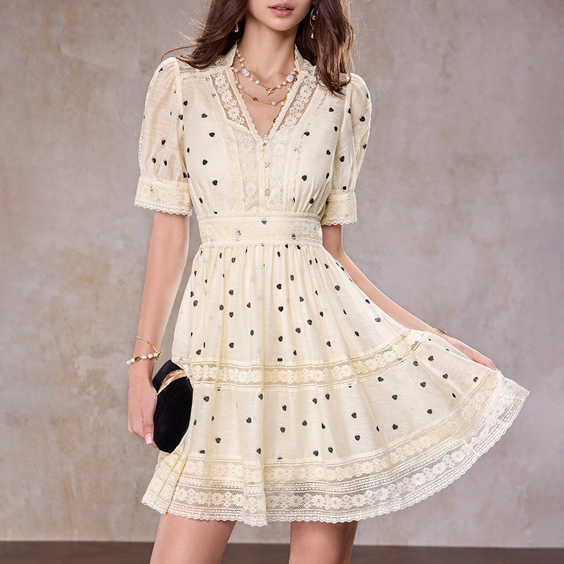Polka dot V-neck a-line mini dress in apricot