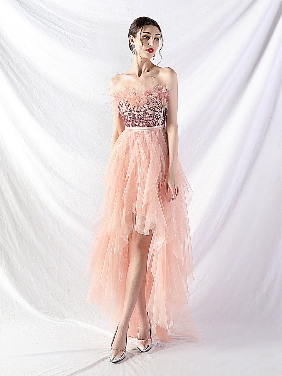 Strapless feather tulle midi dress