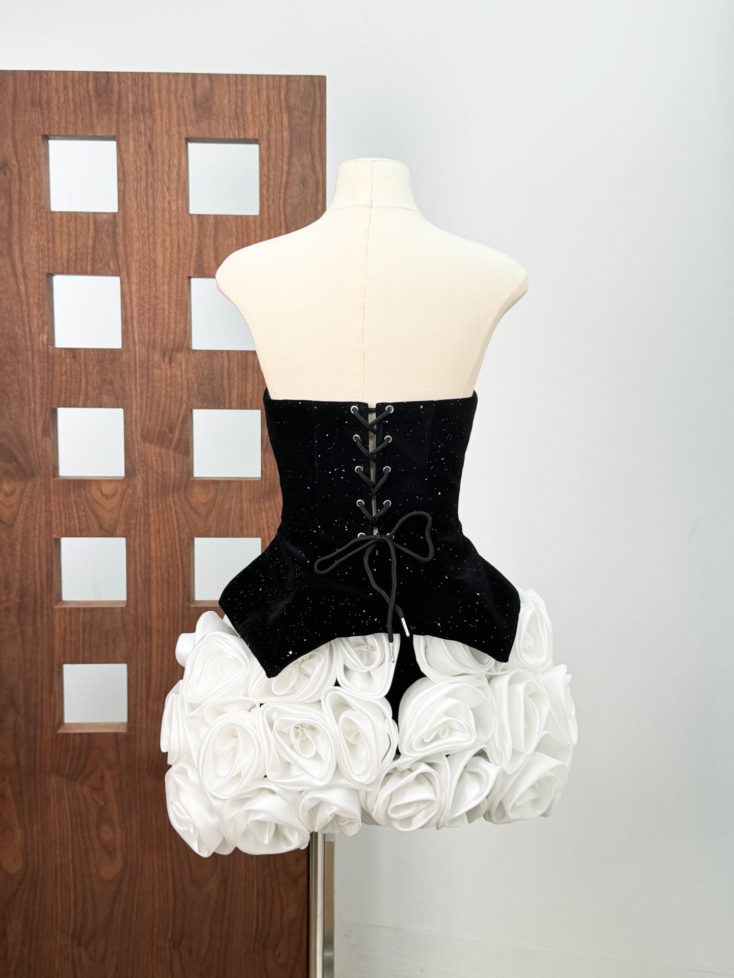 doris 3d flower Sequin Strapless Mini Dress in black