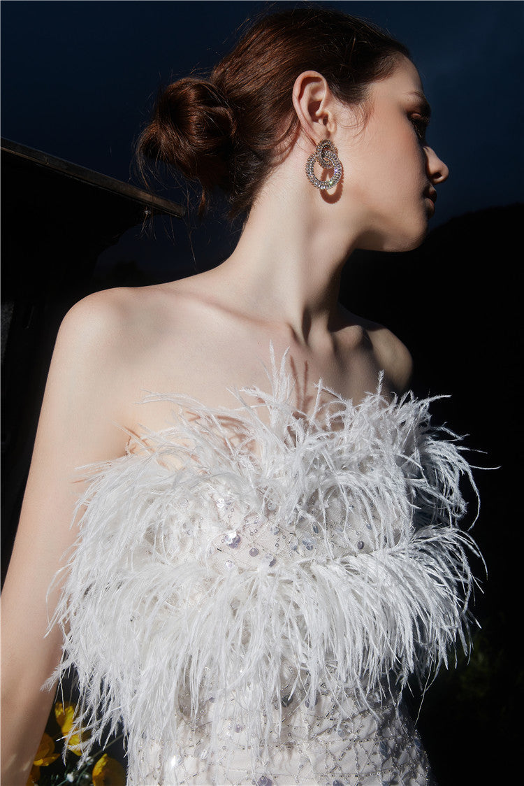 Masa White Haute Couture Feather Sequin Dress