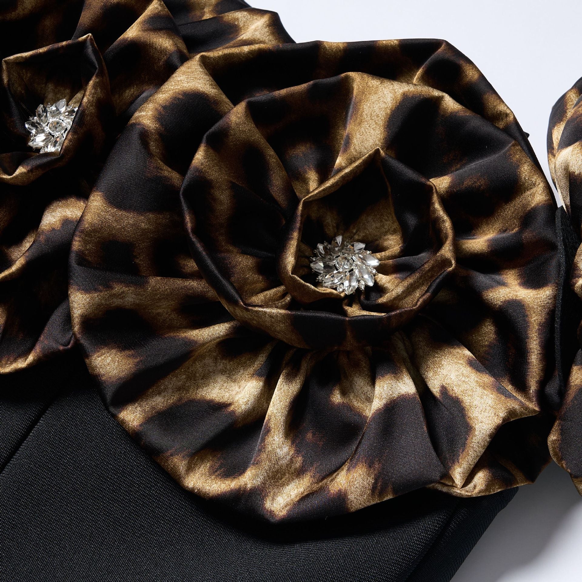 3d flower leopard pattern bandage maxi dress in black