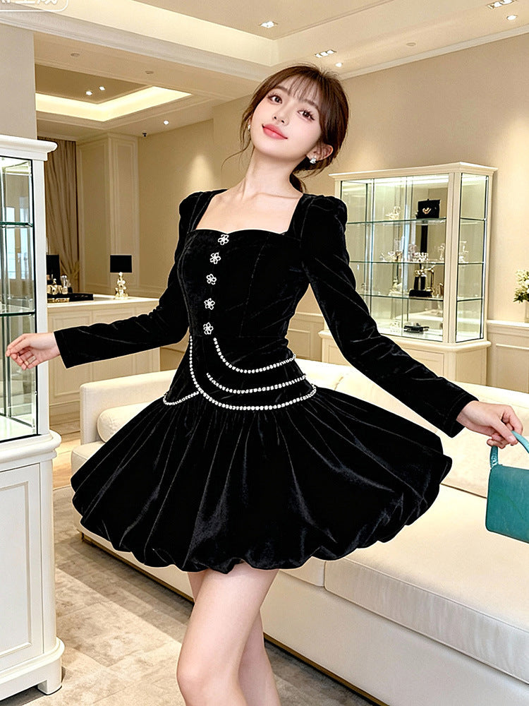 vanessa black square neck rhinestone velvet mini dress