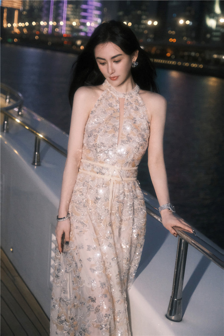 Gold Couture with Floral Embroidery Sequin Banquet Dress