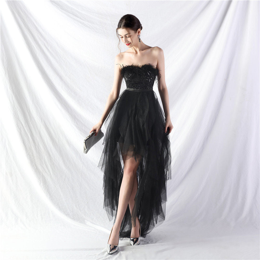 Strapless feather tulle midi dress