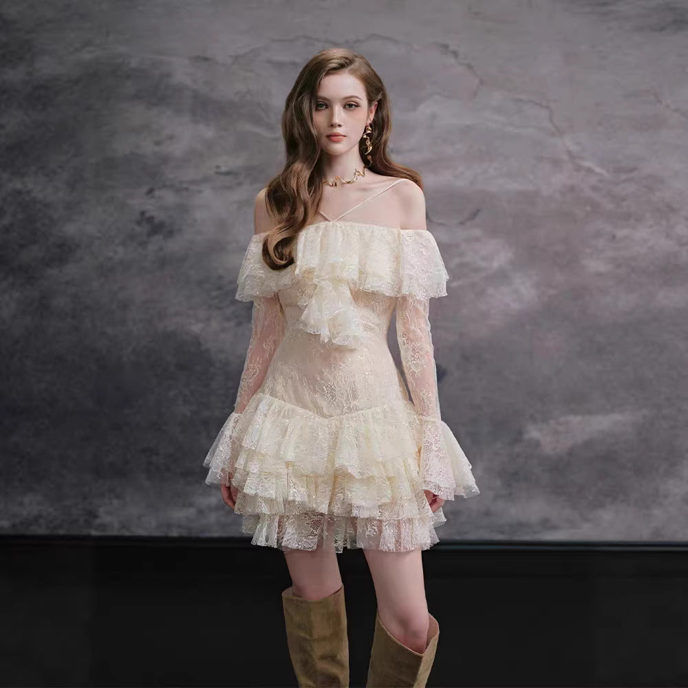 Elisha Off Shoulder Lace Ruffle Mini Dress