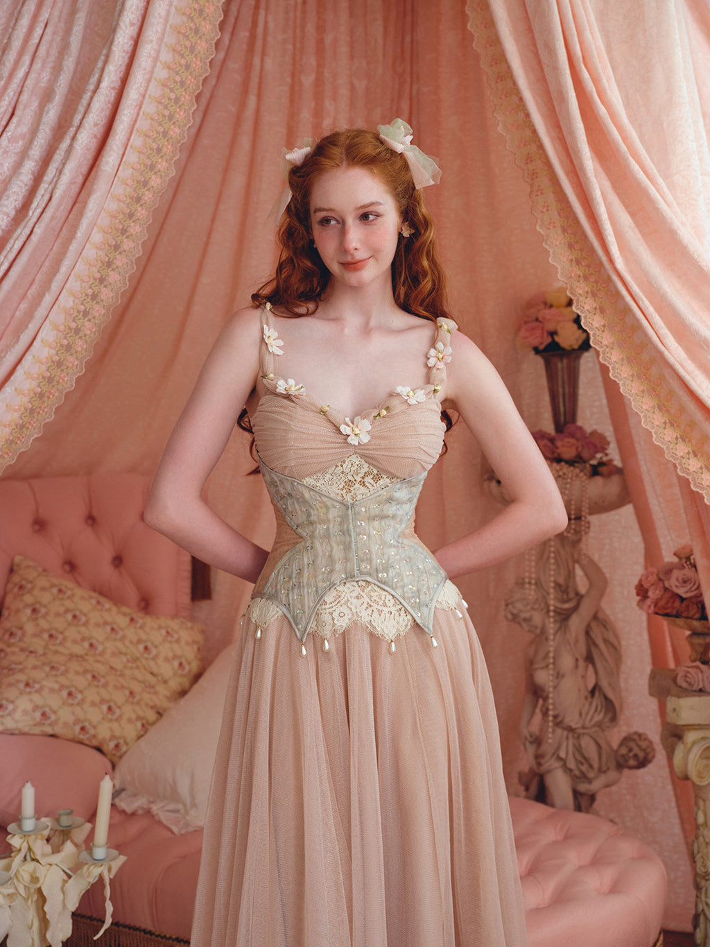 heloise lace mesh flower detail maxi dress in cream pink