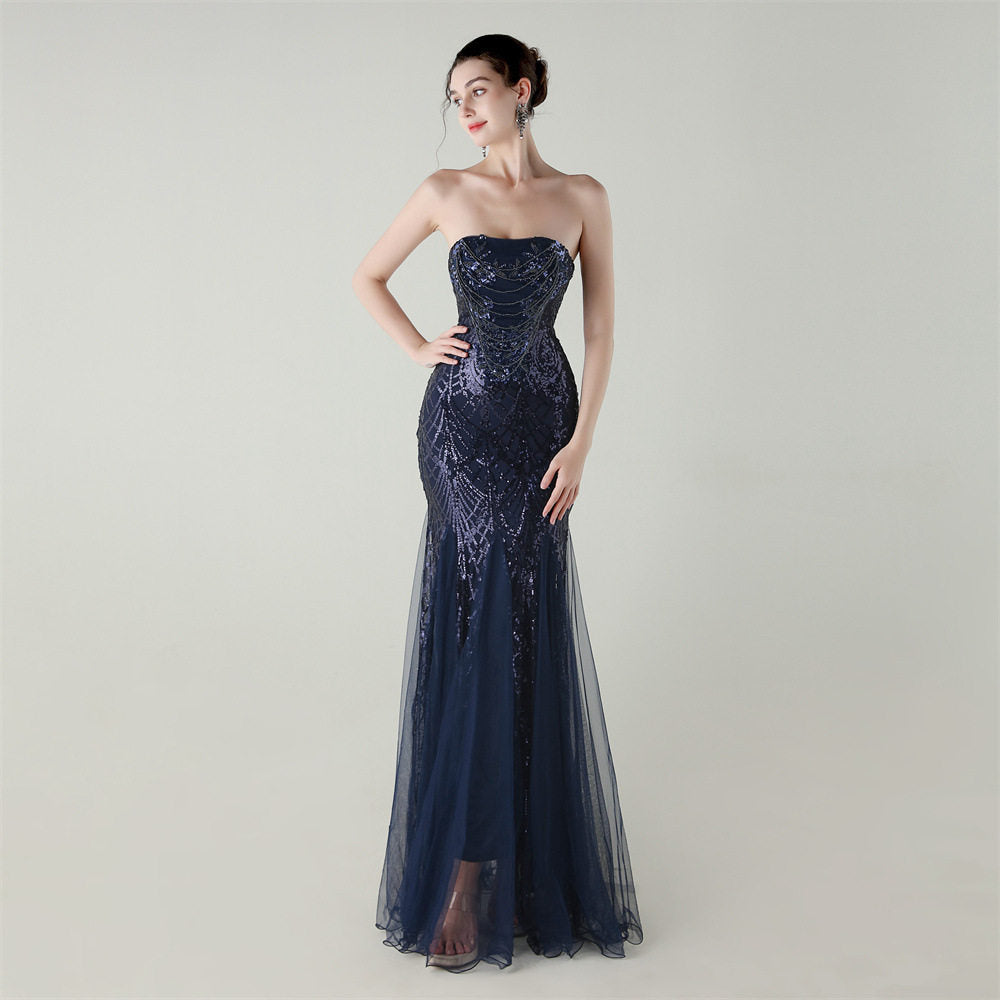 sequin strapless tulle maxi dress