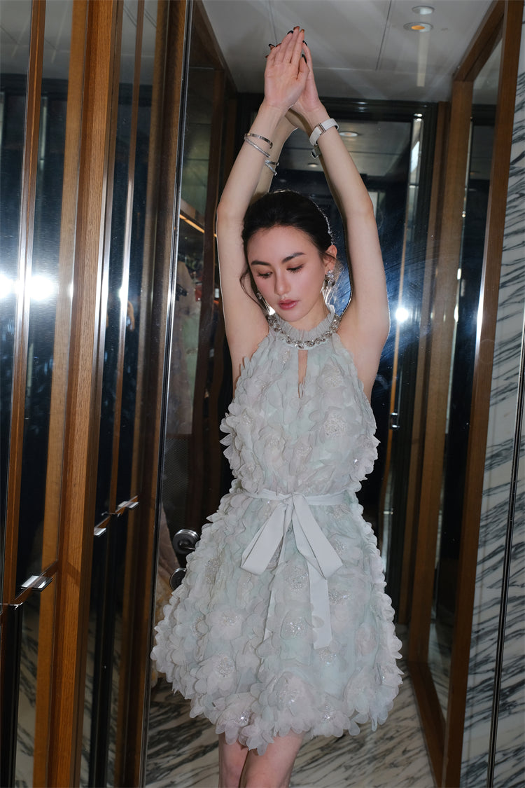 Pastel Green Ribbon Floral wedding guest bridal Dress