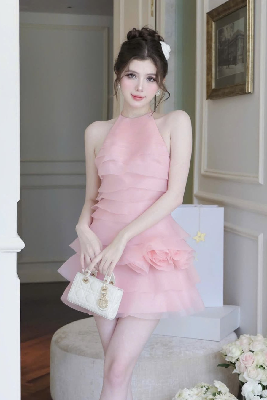 3d flower halter ruffle layer mini dress in pink