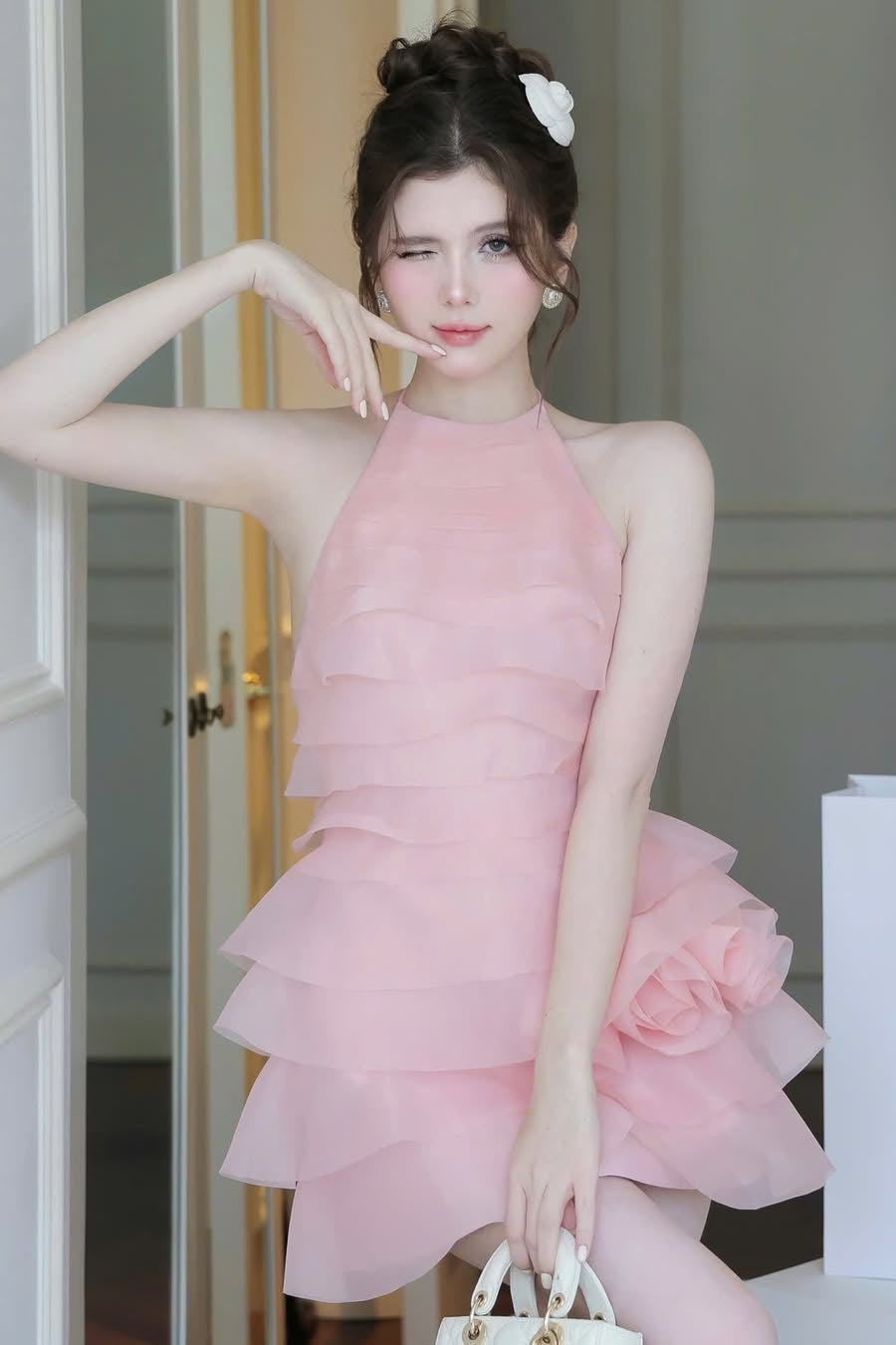 3d flower halter ruffle layer mini dress in pink